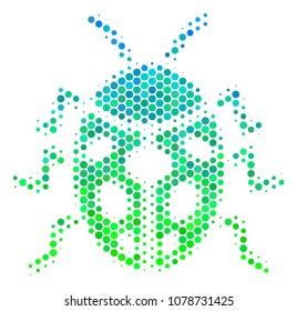 Halftone circle Ladybird Bug pictogram. Pictogram in green and blue color hues on a white background. Vector concept of ladybird bug icon made of round pixels.
