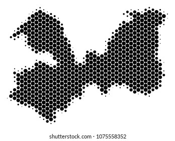 Halftone circle Leningrad Oblast Map. Vector geographic map on a white background. Vector mosaic of Leningrad Oblast Map done of round pixels.