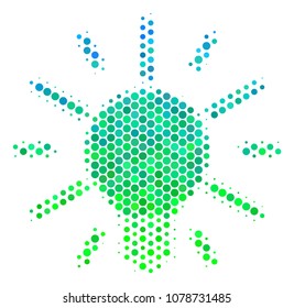 Halftone circle Light Bulb pictogram. Icon in green and blue color tones on a white background. Vector concept of light bulb icon constructed of spheric dots.