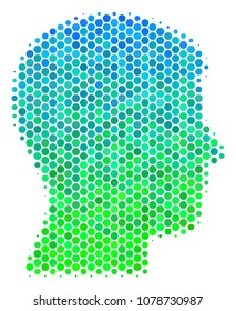 Halftone circle Man Head Profile icon. Icon in green and blue color hues on a white background. Vector composition of man head profile icon created of spheric blots.