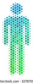 Halftone circle Man User icon. Pictogram in green and blue shades on a white background. Vector collage of man user icon designed of spheric dots.
