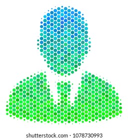 Halftone circle Manager icon. Icon in green and blue color tones on a white background. Vector pattern of manager icon combined of spheric pixels.