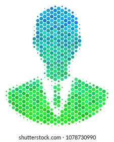 Halftone circle Manager icon. Pictogram in green and blue color tinges on a white background. Vector collage of manager icon made of sphere items.
