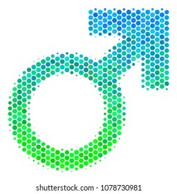 Halftone circle Mars Symbol icon. Pictogram in green and blue color hues on a white background. Vector collage of mars symbol icon organized of sphere elements.