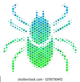 Halftone circle Mite Tick icon. Icon in green and blue color hues on a white background. Vector pattern of mite tick icon combined of circle blots.