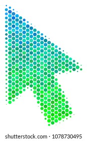 Halftone circle Mouse Cursor pictogram. Pictogram in green and blue shades on a white background. Vector mosaic of mouse cursor icon combined of circle elements.