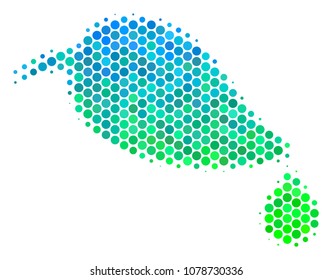 Halftone circle Natural Leaf With Drop icon. Icon in green and blue color hues on a white background. Vector mosaic of natural leaf with drop icon made of circle spots.