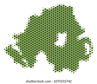 Halftone circle Northern Ireland Map. Vector geographic map on a white background. Vector pattern of Northern Ireland Map combined of round elements.
