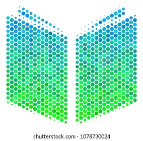 Halftone circle Open Book icon. Icon in green and blue color tones on a white background. Vector mosaic of open book icon made of round items.