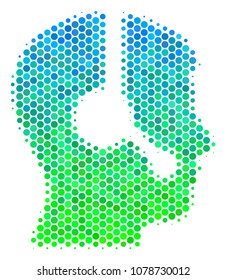 Halftone circle Operator pictogram. Icon in green and blue color tints on a white background. Vector pattern of operator icon designed of spheric blots.