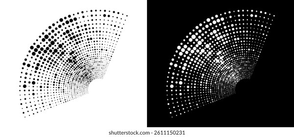 Halftone circle part, abstract dots logo emblem design element for any project. A black figure on a white background and an equally white figure on the black side.