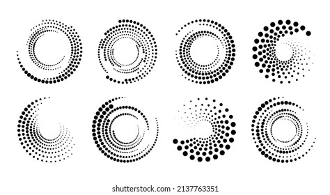 Halftone circle pattern. Borders and frames with dots, graphic design elements, raster effects or abstract vector backgrounds. Futuristic spiral backdrop or geometric decoration with half tone rings