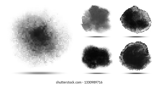 Halftone circle pattern set. Grunge spot using halftone dots texture collection. Vector illustration.