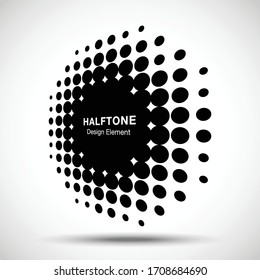 Halftone circle perspective frame abstract dots logo emblem design element for technology, medical, treatment, cosmetic. Round border Icon using halftone circle dots raster texture. Vector.