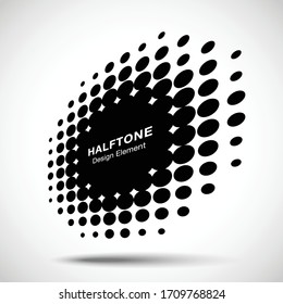 Halftone circle perspective frame abstract dots logo emblem design element for technology, medical, treatment, cosmetic. Round border Icon using halftone circle dots raster texture. Vector.