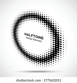 Halftone Circle Perspective Frame Abstract Dots Logo Emblem Design Element For Technology, Medical, Treatment, Cosmetic. Round Border Icon Using Halftone Circle Dots Raster Texture. Vector.