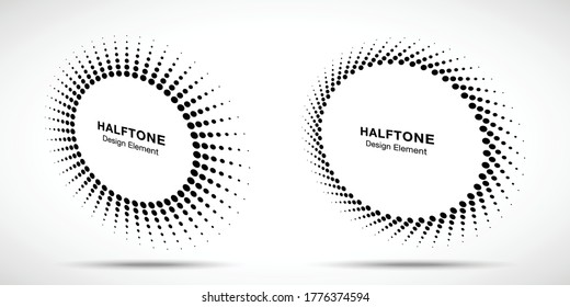 Halftone circle perspective frame abstract dots logo emblem design element for technology, medical, treatment, cosmetic. Round border Icon using halftone circle dots raster texture. Vector.