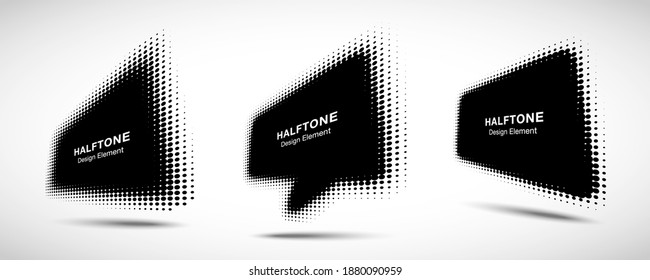 Halftone Circle Perspective Frame Abstract Dots Logo Emblem Design Element For Technology, Medical, Treatment, Cosmetic. Round Border Icon Using Halftone Circle Dots Raster Texture. Vector.