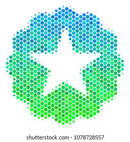 Halftone circle Quality icon. Pictogram in green and blue color hues on a white background. Vector collage of quality icon created of spheric blots.