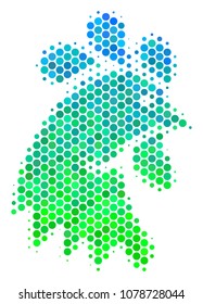 Halftone circle Rooster Head pictogram. Icon in green and blue color tinges on a white background. Vector pattern of rooster head icon made of sphere dots.