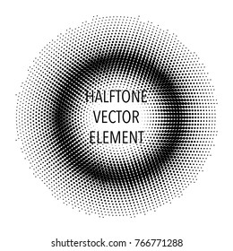Halftone circle Round border with black abstract random dots, icon logo, emblem design element for technology, medical, treatment, cosmetic. Vector frame using halftone circle dots raster texture.