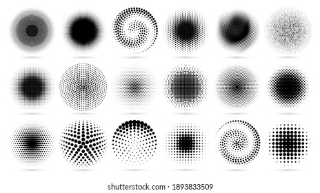 Halftone circle. Round dotted texture, radial geometric dots pattern and graphic decor circles vector set