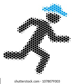 Halftone circle Running Gentleman icon. Pictogram on a white background. Vector collage of running gentleman icon done of spheric elements.