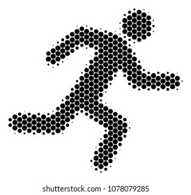 Halftone circle Running Man icon. Pictogram on a white background. Vector composition of running man icon designed of round elements.