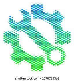 Halftone circle Service Tools icon. Icon in green and blue shades on a white background. Vector mosaic of service tools icon constructed of spheric items.