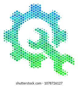 Halftone circle Service Tools icon. Pictogram in green and blue color tints on a white background. Vector pattern of service tools icon organized of circle blots.