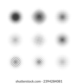 Conjunto de círculos semitónicos. Resumen de círculos punteados, de puntos geométricos redondos de medio tono y de texturas de arte pop. Juego de puntos de spray de nivelación vectorial. Ilustración de medio tono de gradiente visible, efecto de toro