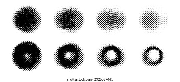 Halftone circle shapes set. Dotted textured spheres and rings collection. Comic pop art round fading gradient. Black spotted design elements bundle. Rasterized pixelated background pack. Vector