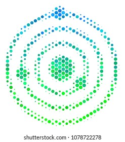 Halftone circle Solar System icon. Pictogram in green and blue shades on a white background. Vector composition of solar system icon designed of round pixels.