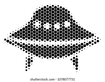 Halftone circle Space Ship icon. Pictogram on a white background. Vector concept of space ship icon composed of sphere elements.