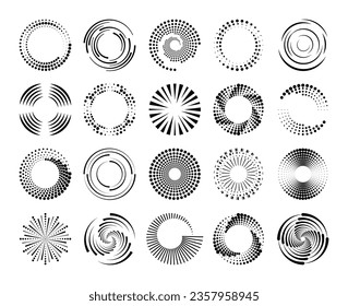 Halftone circle speed lines. Dashed dotted spiral dynamic swirls, radial geometric pattern, concentric circular abstract waves. Round movement vector elements. Tech rotating shapes