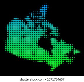 Halftone circle spot Canada Map. Vector territory map in green-blue gradient colors on a black background. Vector composition of Canada Map composed of circle points.
