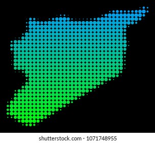 Halftone circle spot Syria Map. Vector territory map in green-blue gradient colors on a black background. Vector collage of Syria Map designed of circle blots.