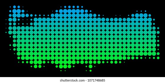 Halftone circle spot Turkey Map. Vector geographical map in green-blue gradient colors on a black background. Vector mosaic of Turkey Map combined of circle points.
