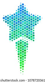 Halftone circle Starting Star pictogram. Icon in green and blue shades on a white background. Vector pattern of starting star icon created of circle blots.
