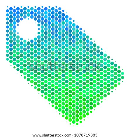 Halftone circle Tag pictogram. Icon in green and blue shades on a white background. Vector collage of tag icon created of sphere spots.