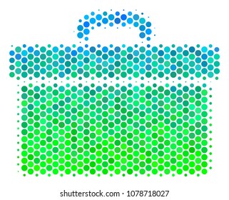 Halftone circle Toolbox icon. Pictogram in green and blue color hues on a white background. Vector collage of toolbox icon created of sphere items.