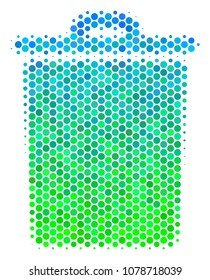 Halftone circle Trash Bin icon. Icon in green and blue color hues on a white background. Vector collage of trash bin icon made of spheric spots.