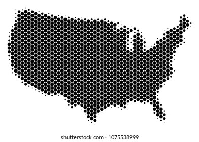 Halftone circle USA Map. Vector geographic map on a white background. Vector mosaic of USA Map created of sphere pixels.