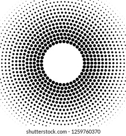 Halftone circle vector frame with black abstract random dots, logo emblem design element for technology, medical, treatment, cosmetic. Round border Icon using halftone circle dots raster texture.
