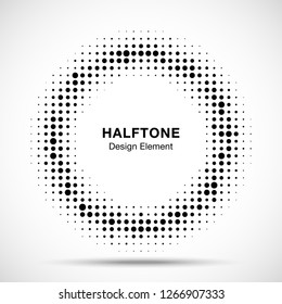 Halftone circle vector frame with black abstract random dots, logo emblem design element for technology, medical, treatment, cosmetic. Round border Icon using halftone circle dots raster texture.