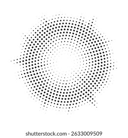 Halbtonkreis-Vektorrahmen mit schwarzen abstrakten zufälligen Punkten. Halbton, gepunkteter Hintergrund. Rastereffekt, Vektormuster. Kreispunkte einzeln auf weißem Hintergrund.