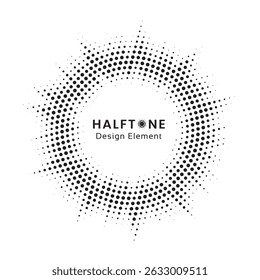 Halftone circle vector frame with black abstract random dots. Halftone dotted background. Halftone effect vector pattern. Circle dots isolated on the white background.
