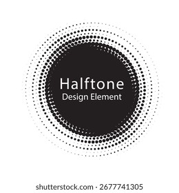 Halftone circle vector frame with black abstract random dots, logo emblem design element for technology, medical, treatment, cosmetic. Round border Icon using halftone circle dots raster texture.