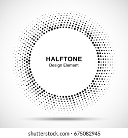 Halftone circle vector frame with black abstract random dots, logo emblem design element for technology, medical, treatment, cosmetic. Round border Icon using halftone circle dots raster texture.