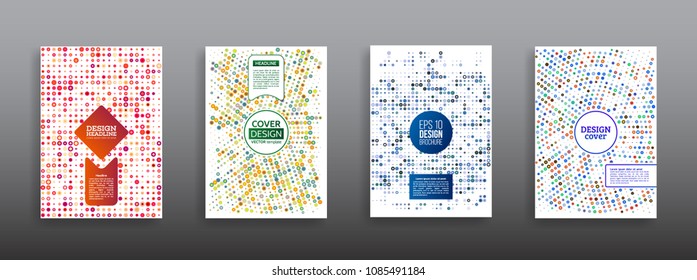 Halftone circle vector frame with colorful abstract random dots. Round annual report templates, business flyers. Vector abstract backgrounds.